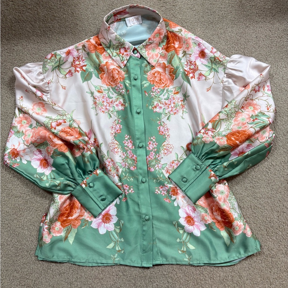 Fate Green and Orange Romantic Floral Silky Blouse